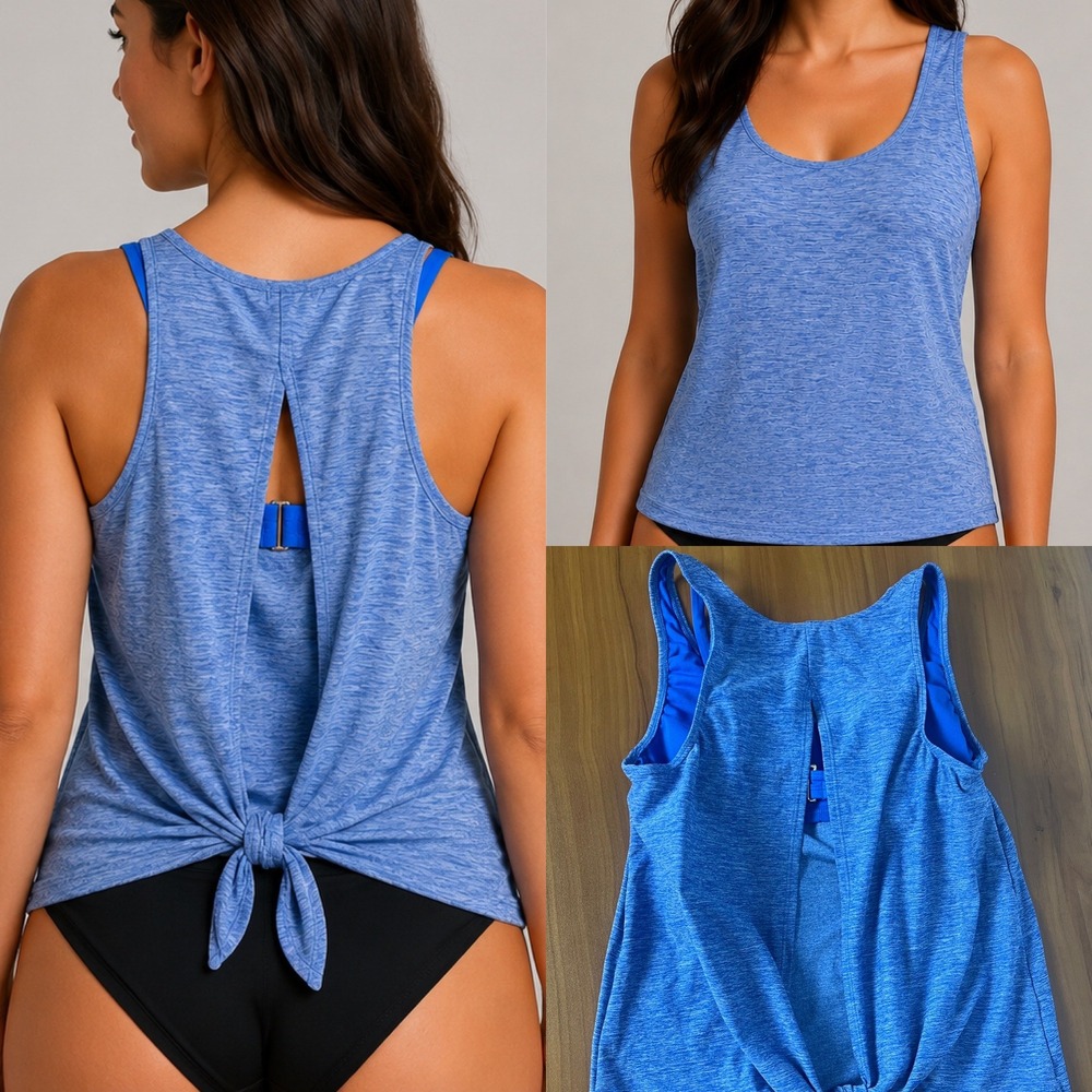Shade & Shore Blue Space Dye Tie Back Tankini Top Open Back Built-in Bra XS